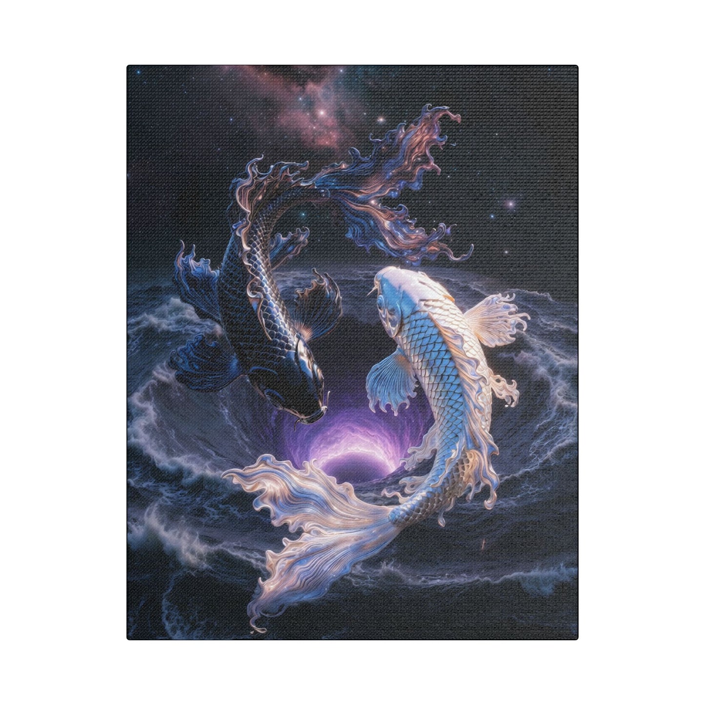 Koi Yin Yang Canvas Print — Mystic Galaxy Fish Wall Art (Stretched Satin Canvas)
