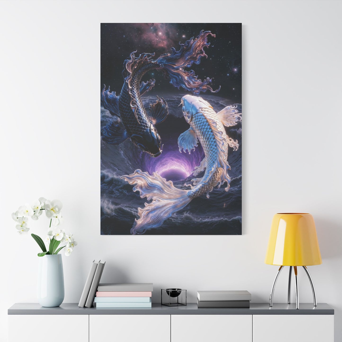 Koi Yin Yang Canvas Print — Mystic Galaxy Fish Wall Art (Stretched Satin Canvas)
