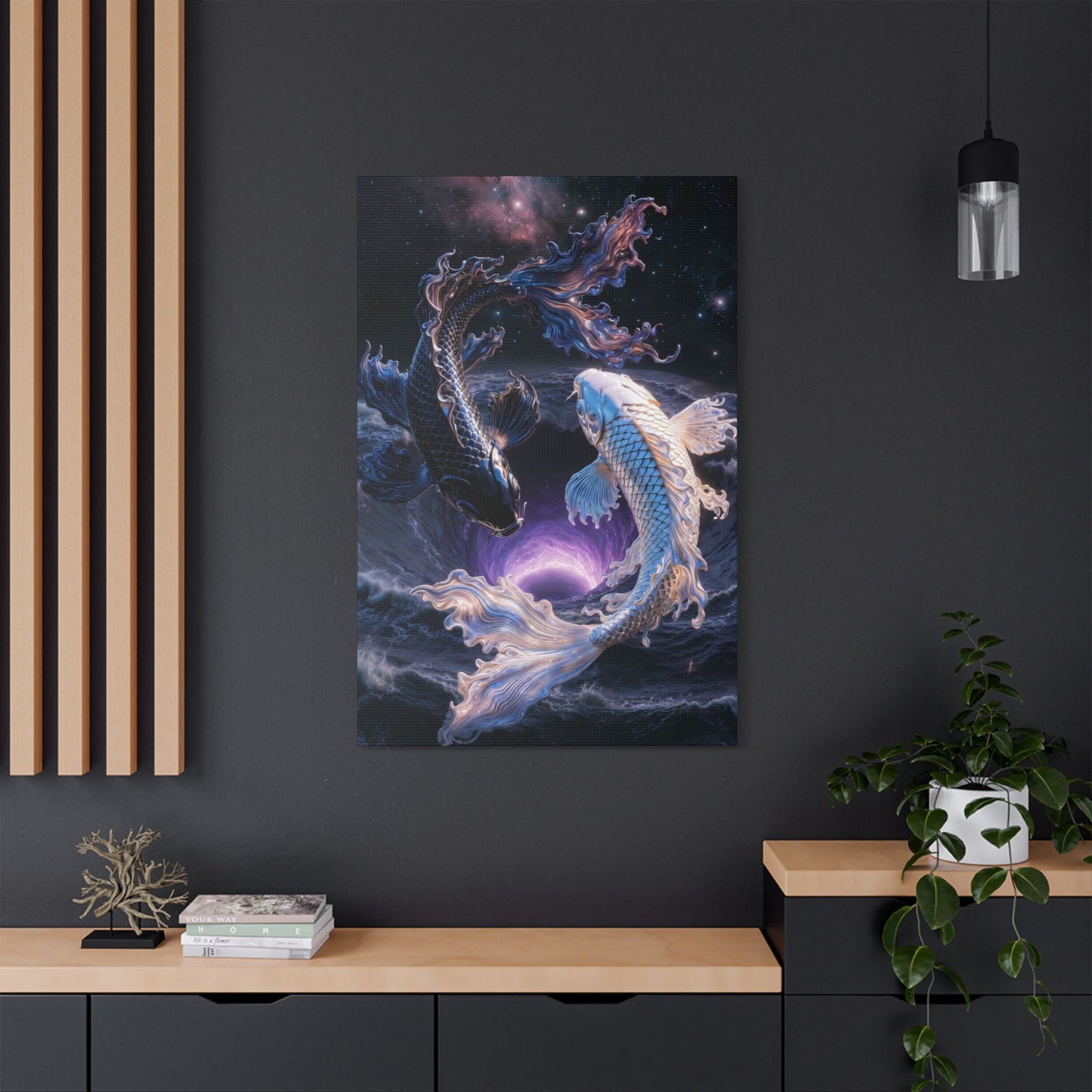 Koi Yin Yang Canvas Print — Mystic Galaxy Fish Wall Art (Stretched Satin Canvas)